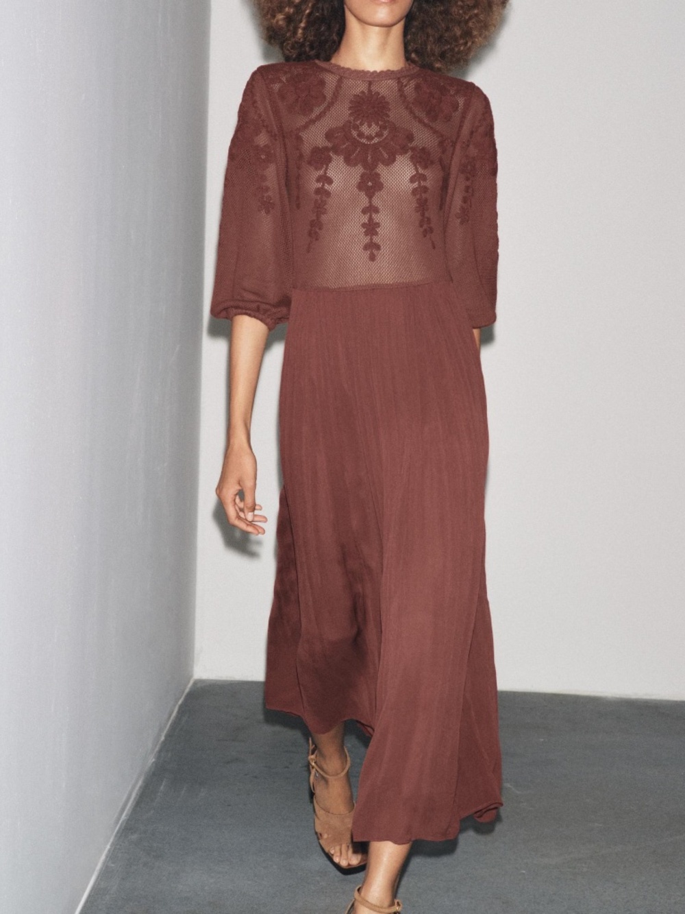 Zara maroon brown boho embroidered lace ¾ sleeves midi dress NWT